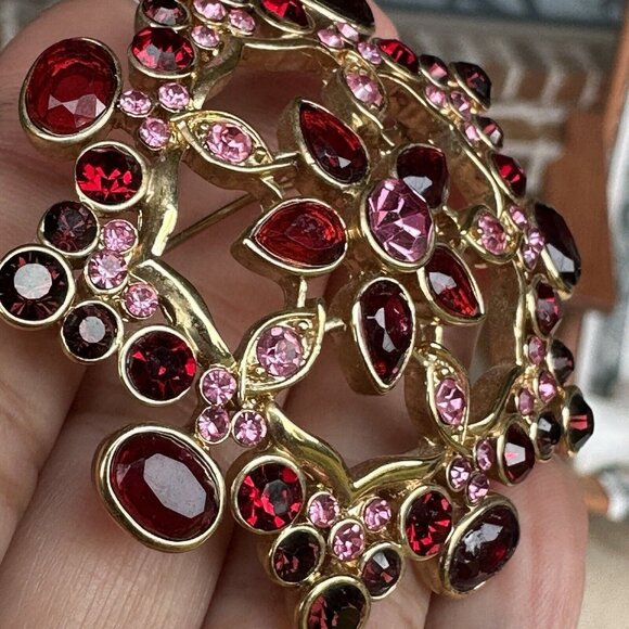 VTG Brooch Pin 2" Rhinestone Blooming Flower Pink Red Gold Plated‎ Geometric - Picture 6 of 9